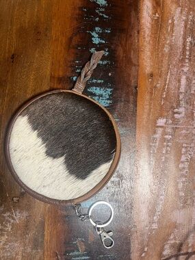 Leather Cowhide Round Cosmetic Pouch Keychain - Brown and White
